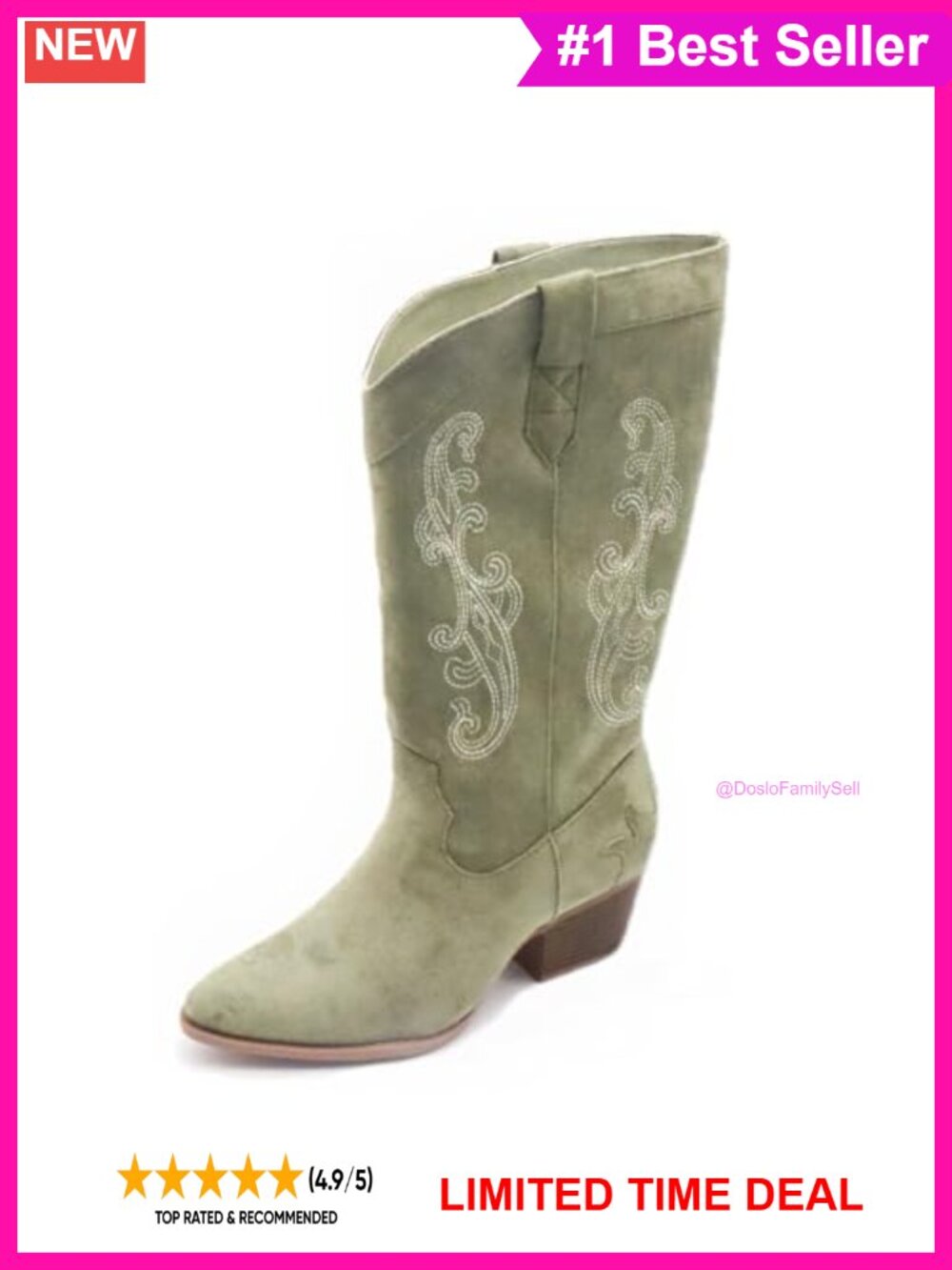 Suede Western Embroidered Mid-Calf Boots Pointed Toe Block Heel Cowgirl
